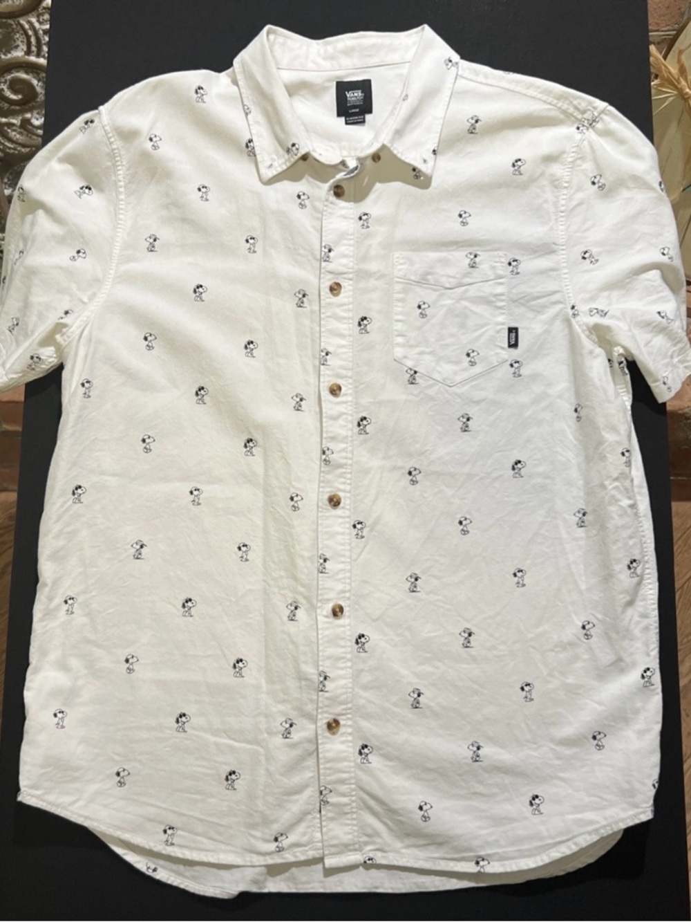 Vans White Short Sleeve Button-Down Shirt with Black Snoopy Motif